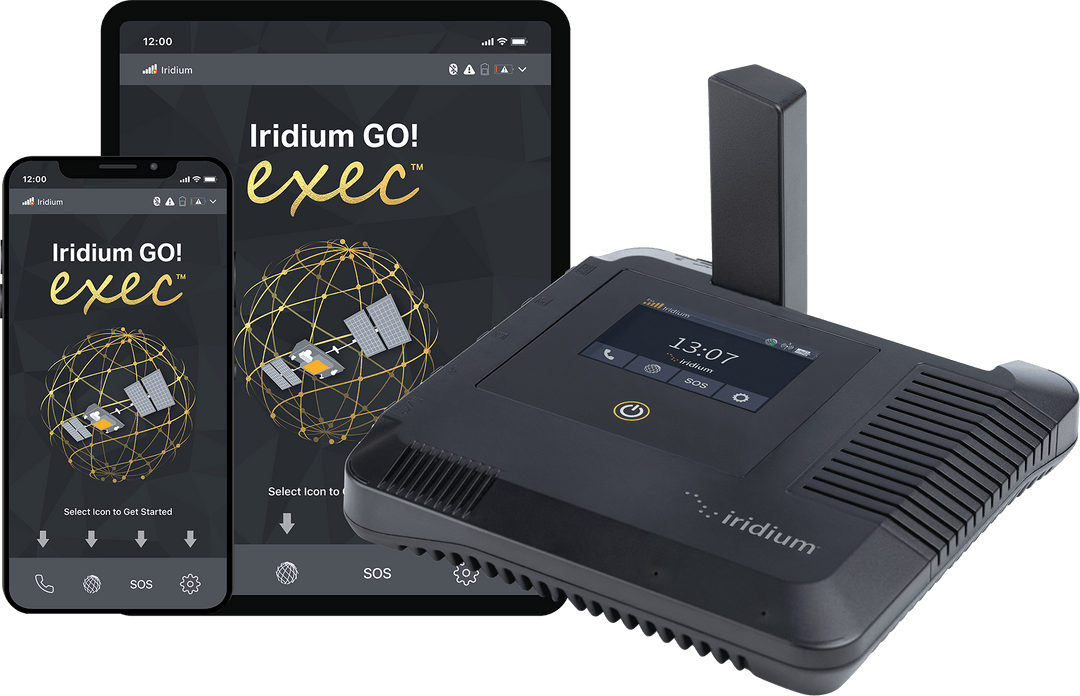 Iridium GO! exec with antenna up and app homescreens
