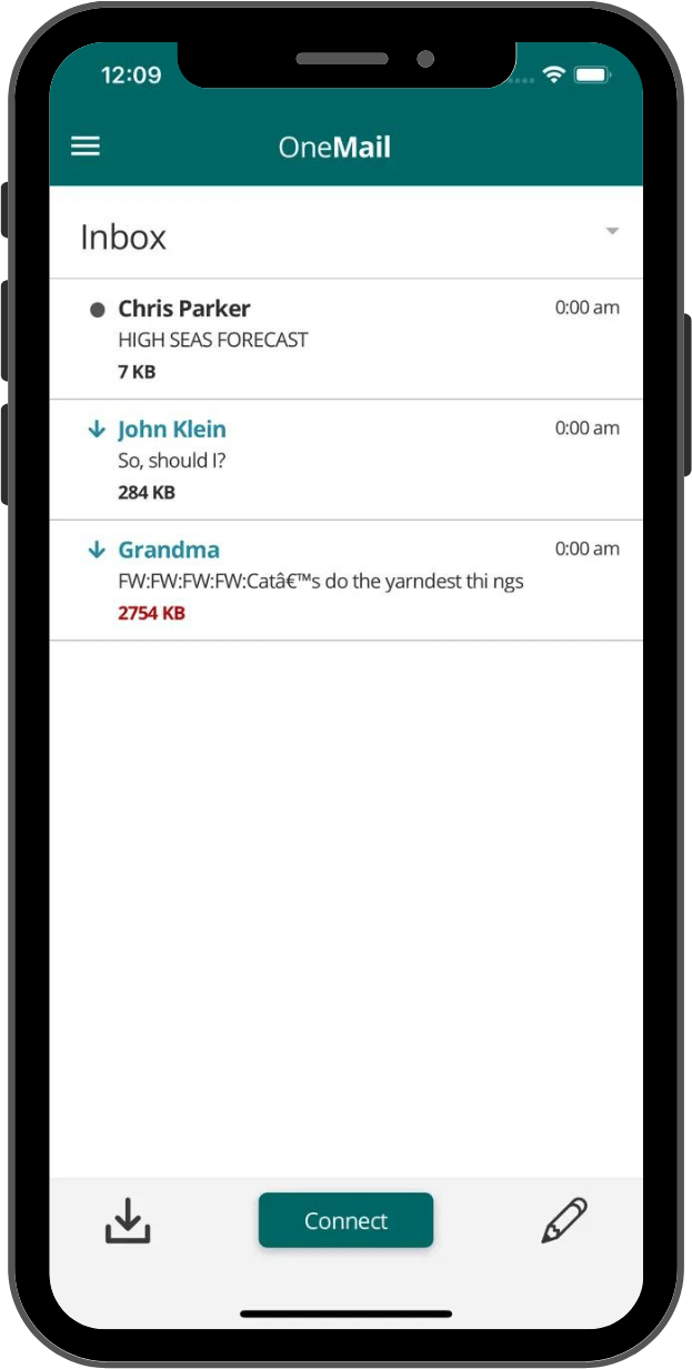 OneMail app email inbox on iPhone
