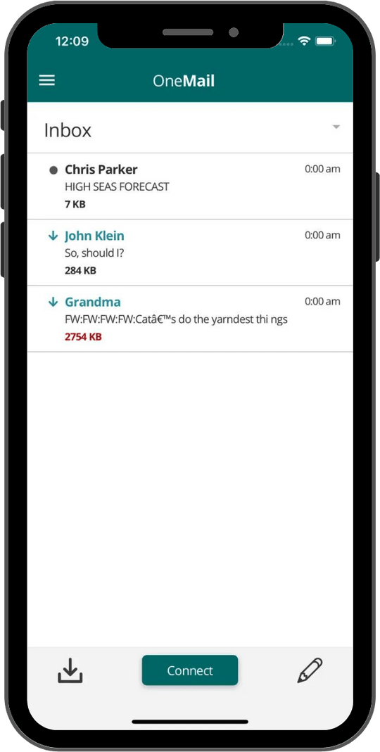 OneMail app email inbox on iPhone