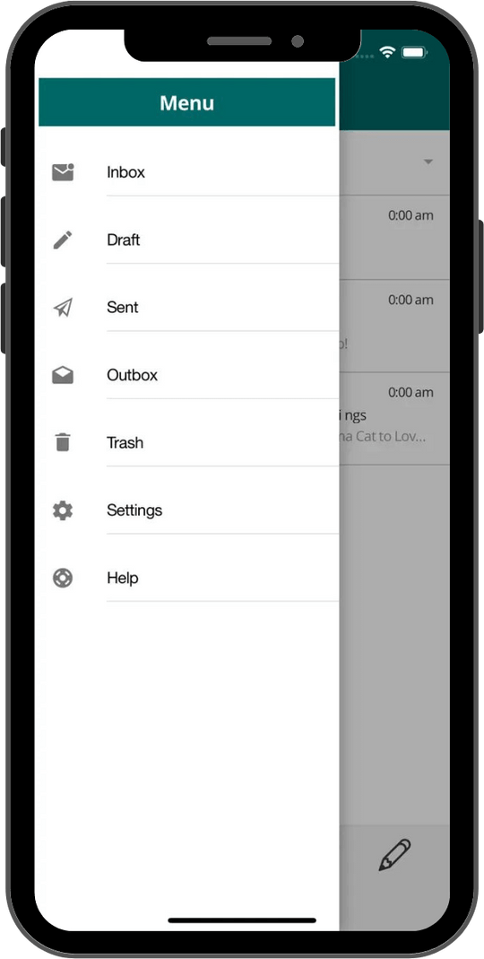 OneMail app menu on iPhone