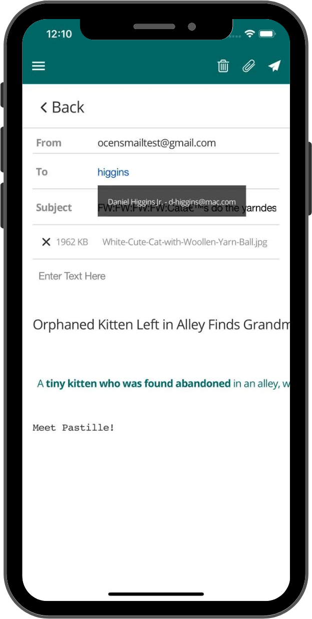 OneMail app sending email on iPhone