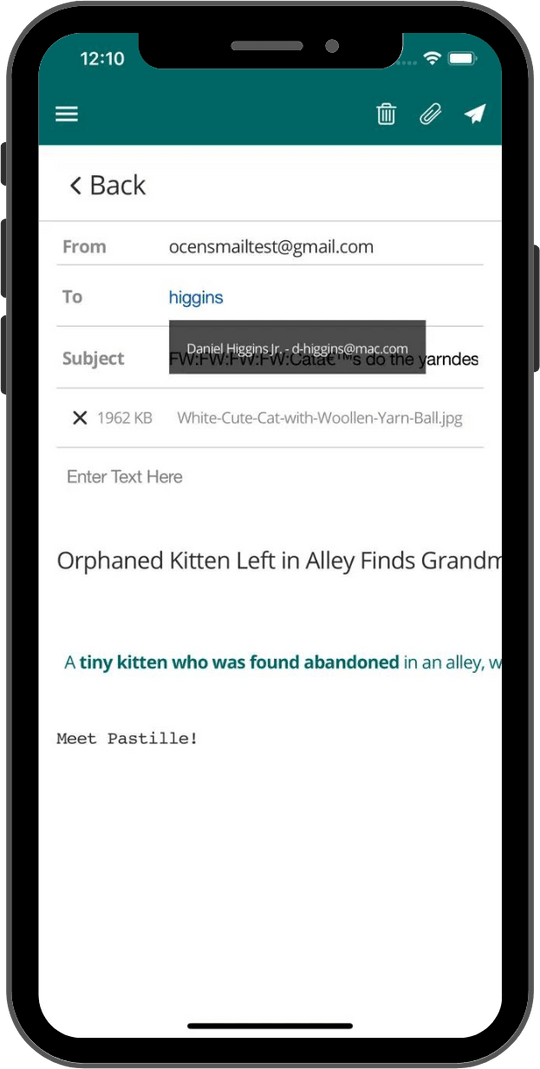 OneMail app sending email on iPhone