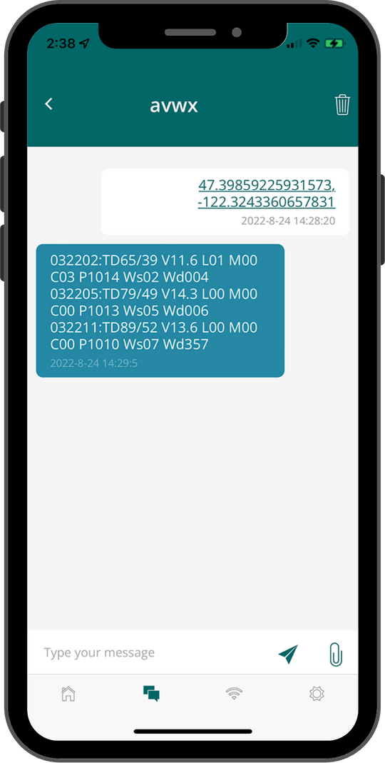FlyCast aviation weather data displayed in OneMessge app