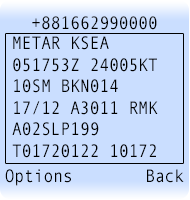 FlyCast METAR report displayed on Iridium 9575 satellite phone screen.
