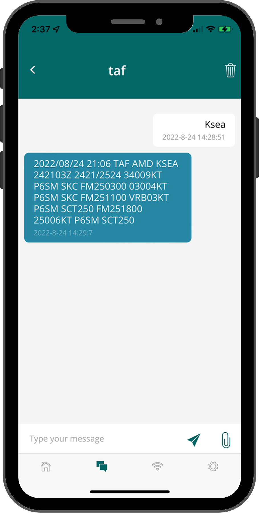 OneMessage app TAF forecast data on smartphone