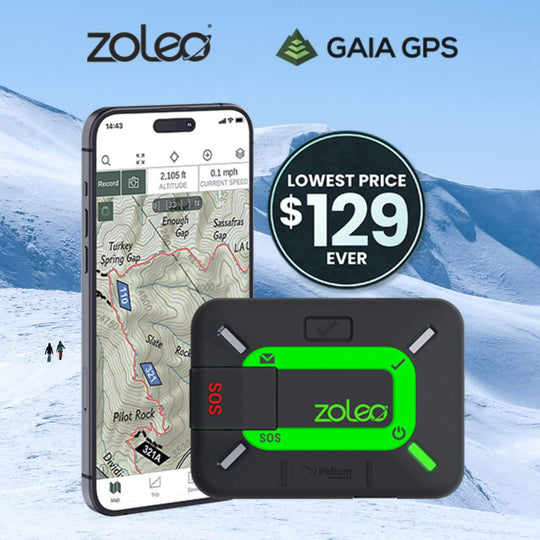 2025 ZOLEO Holiday Promo - ZOLEO GPS device with smartphone app on a snowy mountain background, featuring Gaia GPS branding.